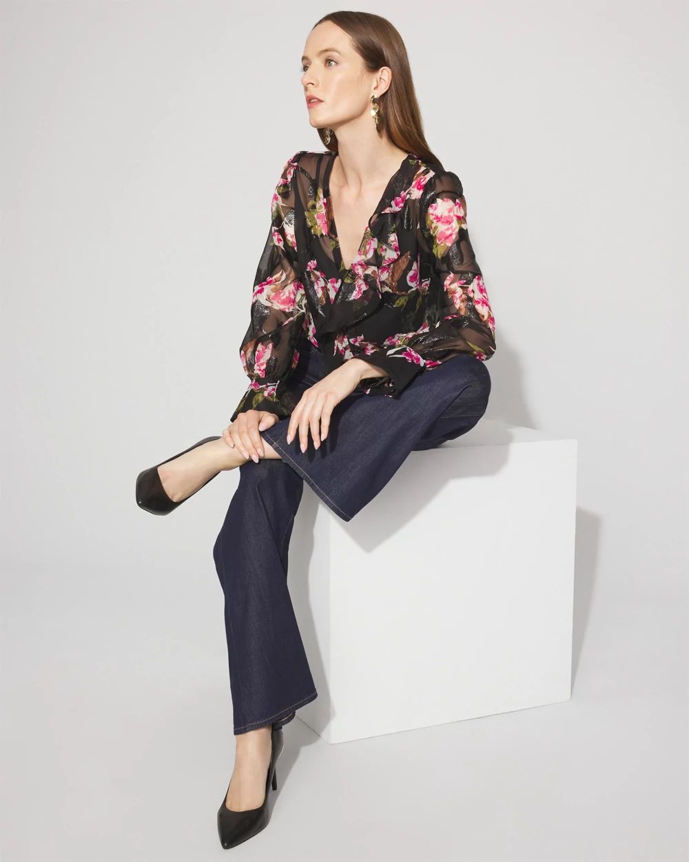 Petite Sheer Metallic Clip Ruffle Blouse | White House Black